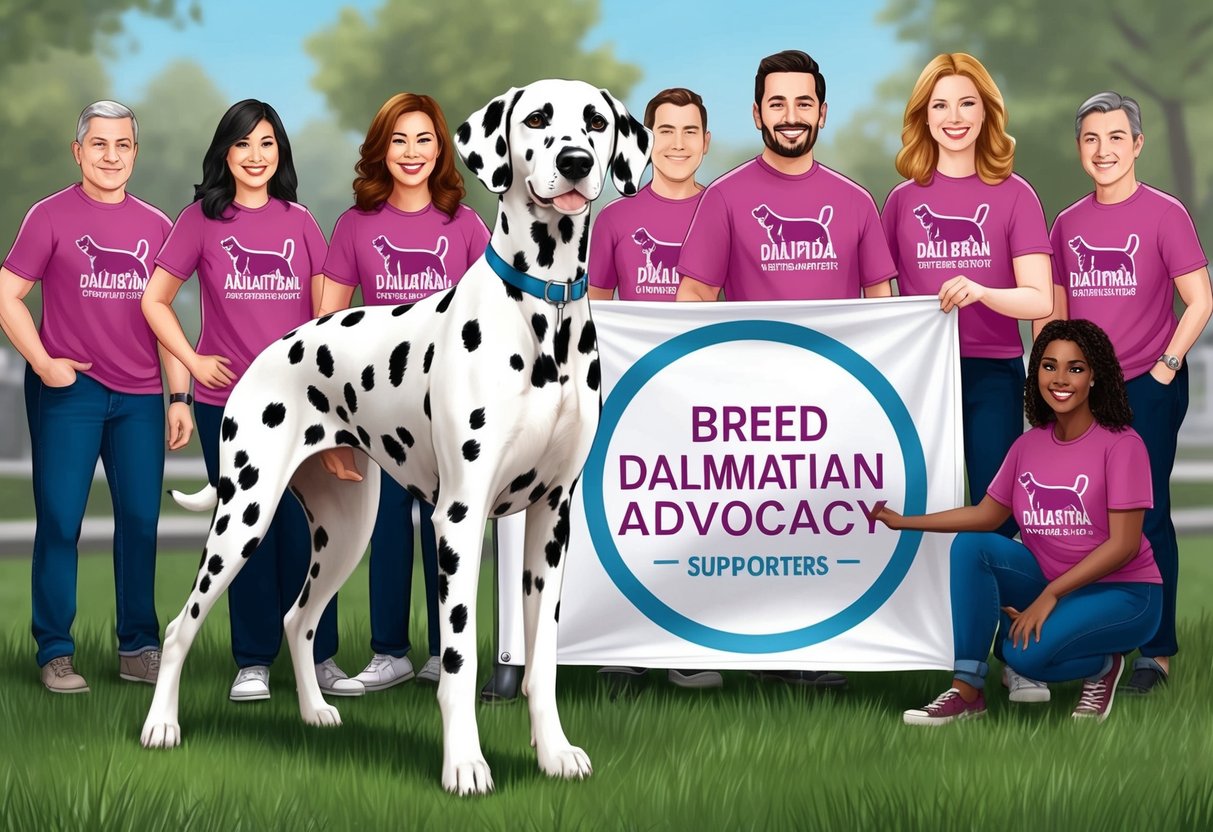 A Dalmatian dog stands proudly next to a breed advocacy banner, surrounded by supporters wearing matching t-shirts