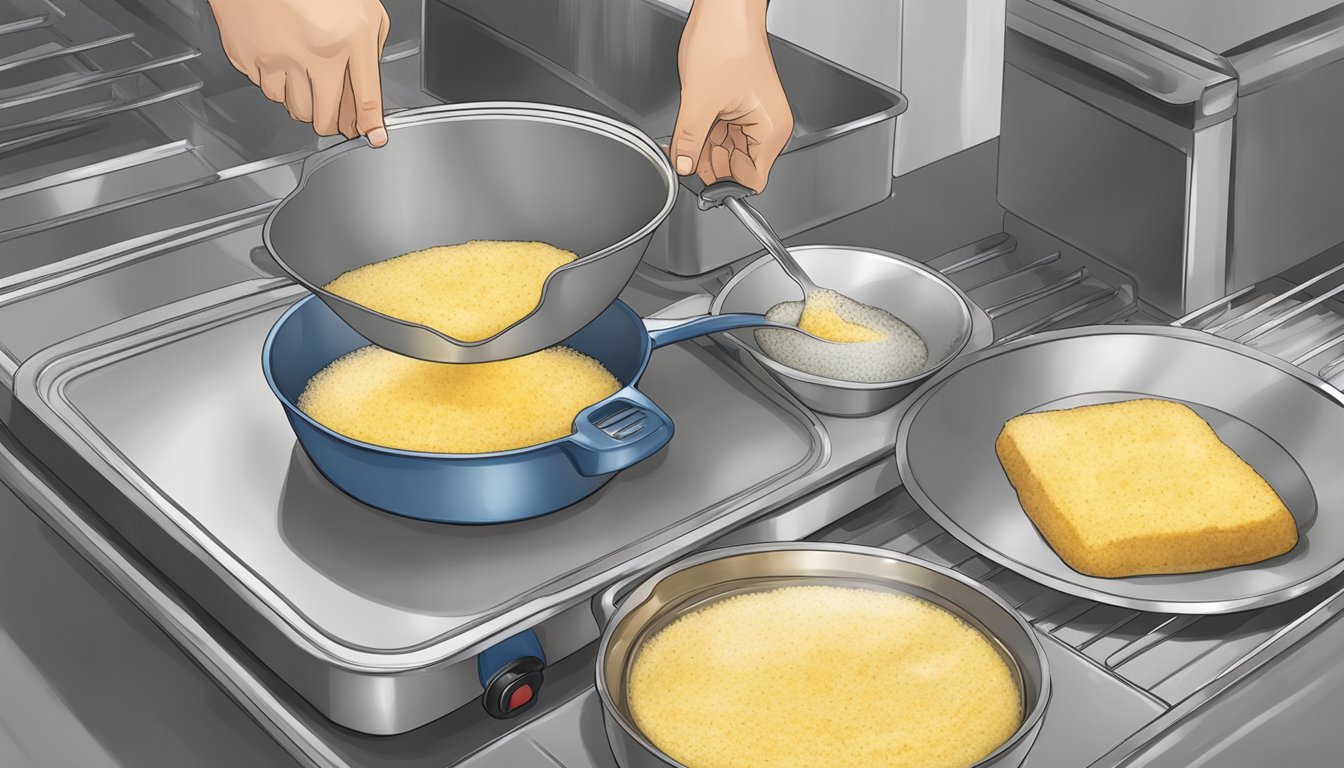 A pot of cooked grits being poured onto a flat tray, then placed in the freezer to freeze