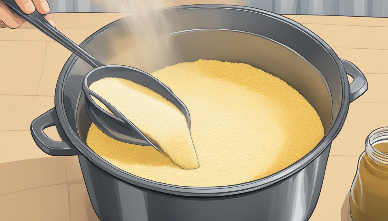 A pot of freshly cooked grits being poured into a shallow container before being placed in the freezer