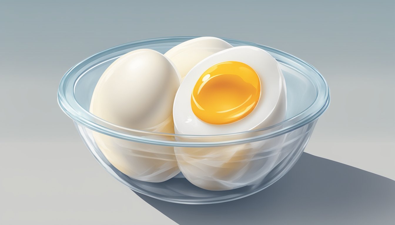 A clear glass bowl filled with freshly separated egg whites, covered with plastic wrap, and placed in the freezer