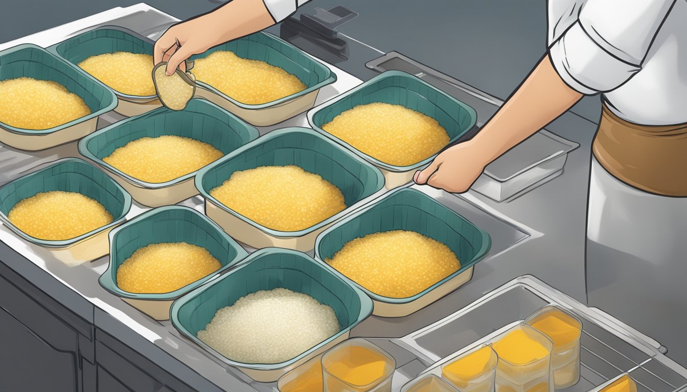 A pot of cooked grits being transferred into individual portions in freezer-safe containers