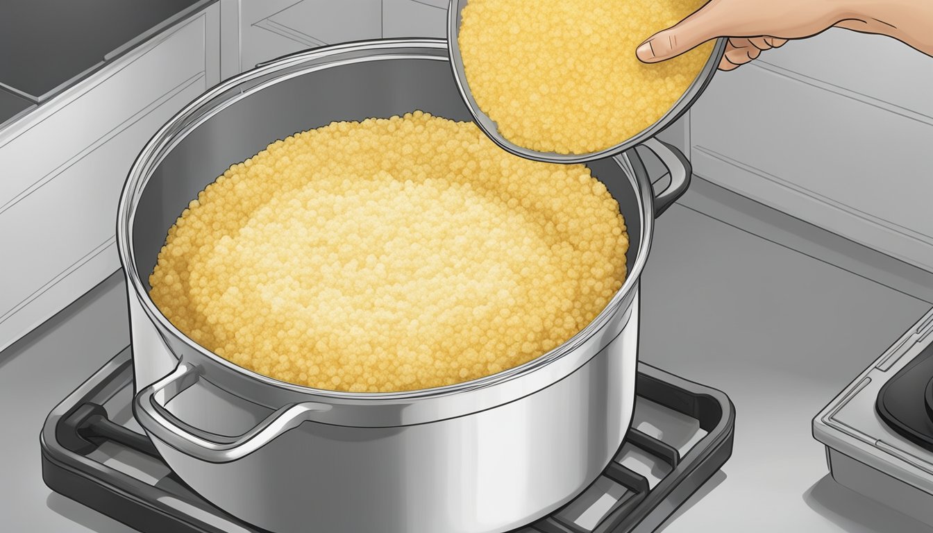 A pot of cooked grits being transferred into a shallow, wide container before being covered and placed in the freezer