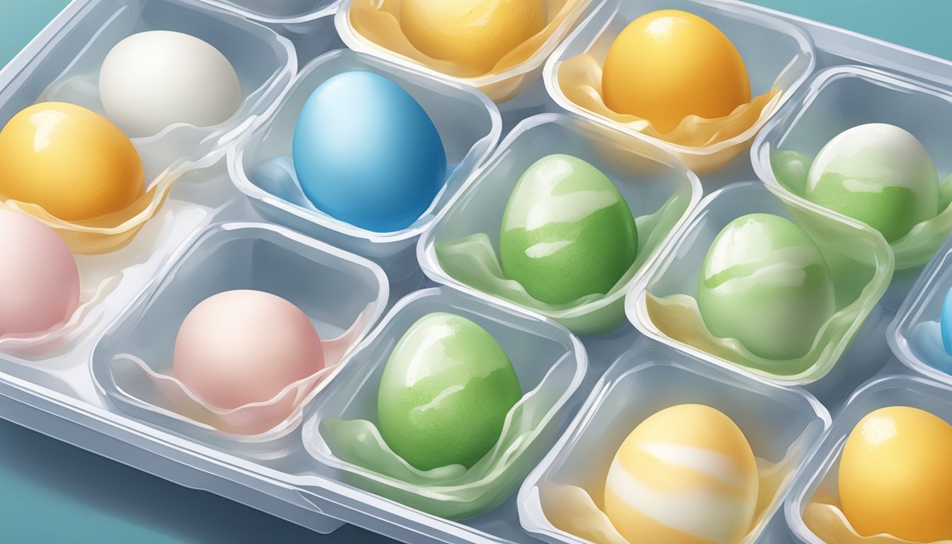 Fresh egg whites being poured into ice cube trays, covered with plastic wrap, and placed in the freezer