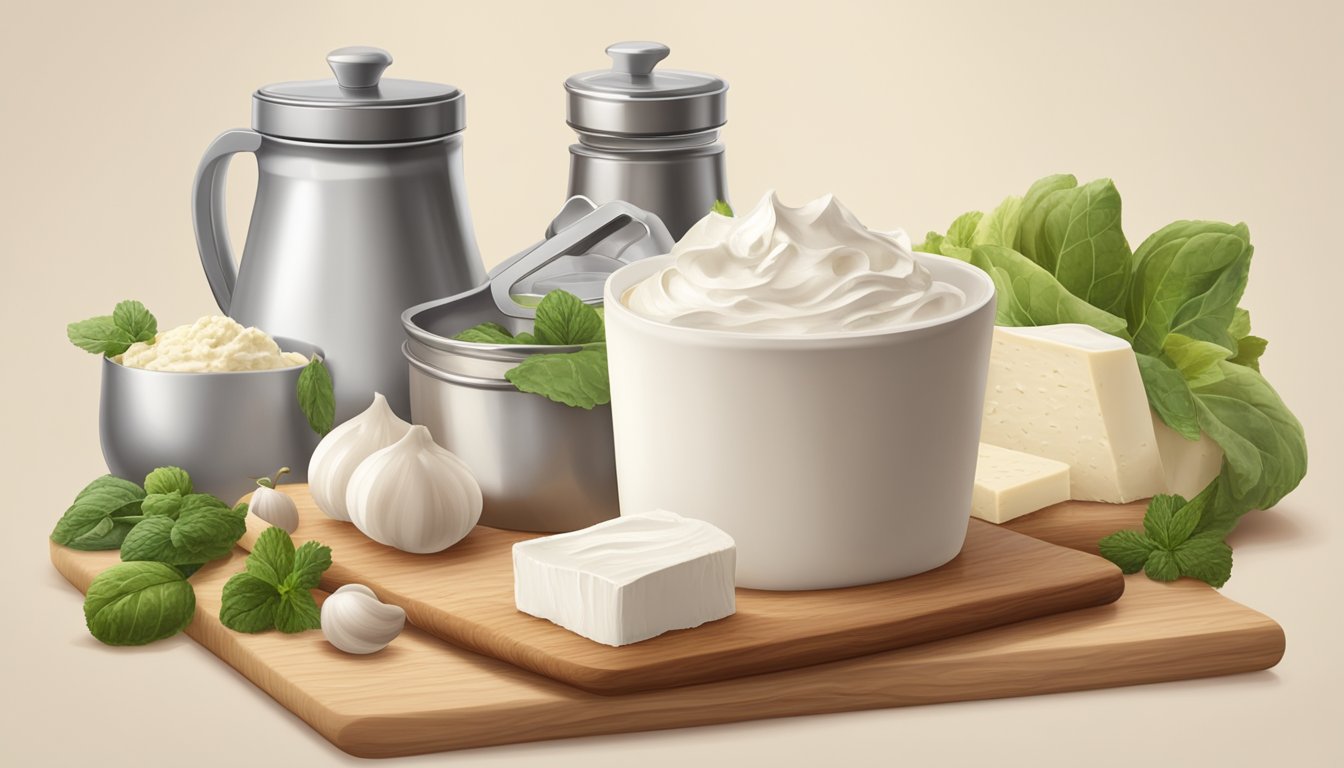 A block of cream cheese sits on a wooden cutting board, surrounded by various kitchen utensils and ingredients. The cream cheese is at room temperature, with a smooth and creamy texture