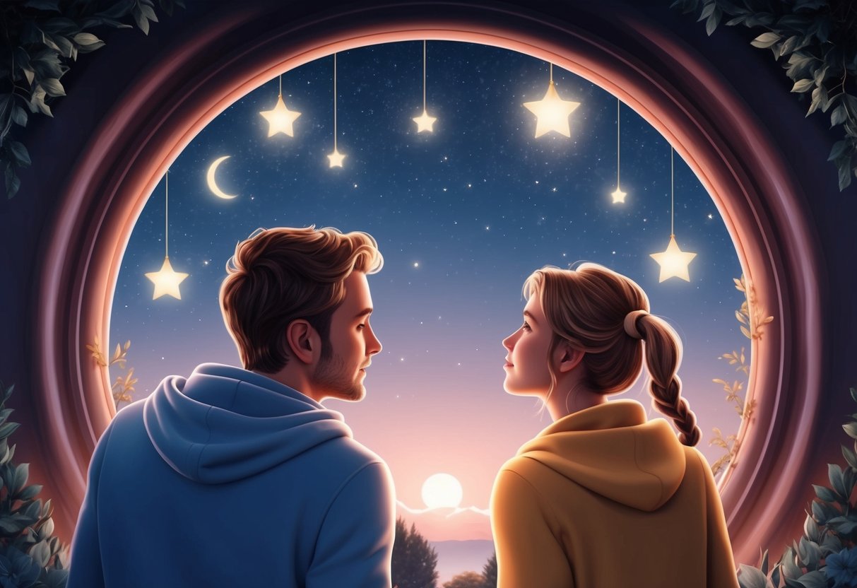 A Capricorn and Aries gazing at the stars, surrounded by a serene and romantic atmosphere