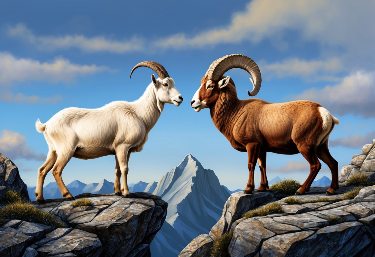 A mountain goat and a ram stand atop a rocky peak, facing each other with determination and mutual respect