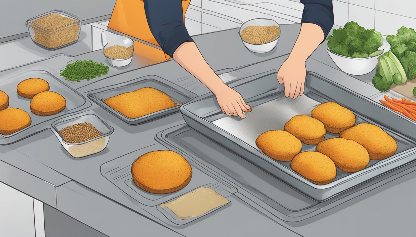 Fresh vegetables being chopped and mixed with grains and spices. Patties being formed and placed on a baking sheet before being wrapped and placed in the freezer