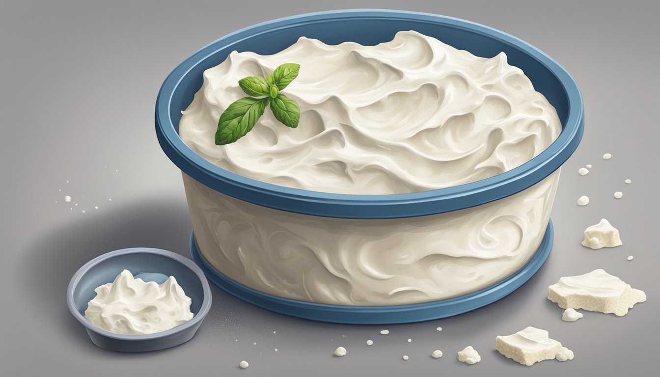 A tub of cream cheese left out on a kitchen counter, with a few small spots of mold forming on the surface