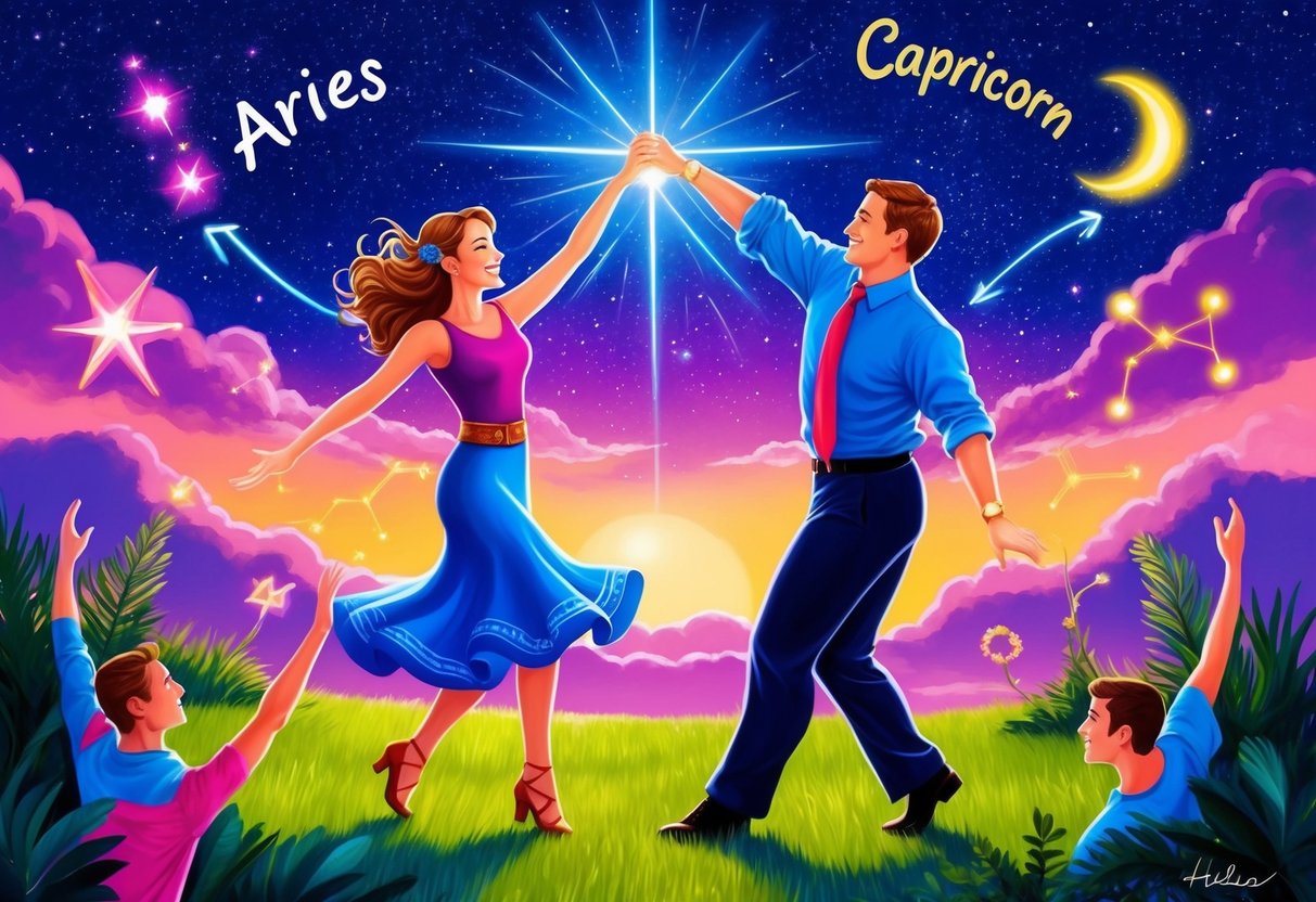 Aries and Capricorn dancing under a starry sky, surrounded by vibrant energy and passion-infused activities