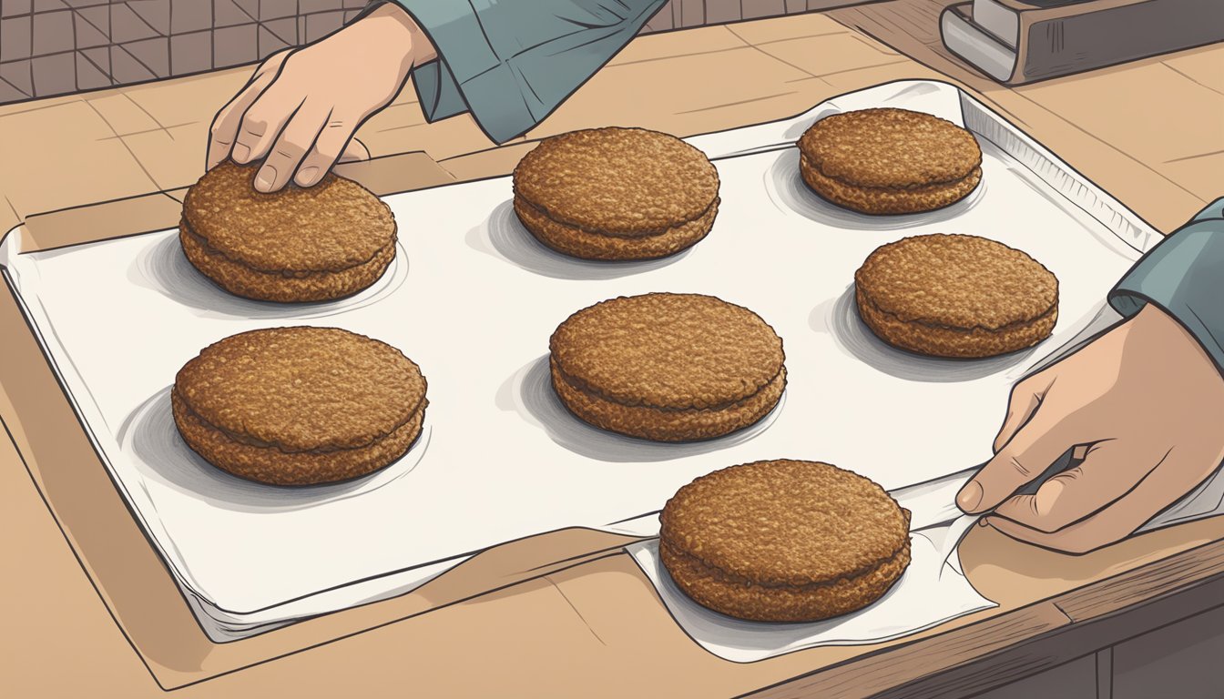 Freshly made veggie burger patties being carefully placed on a baking sheet lined with parchment paper, ready to be placed in the freezer