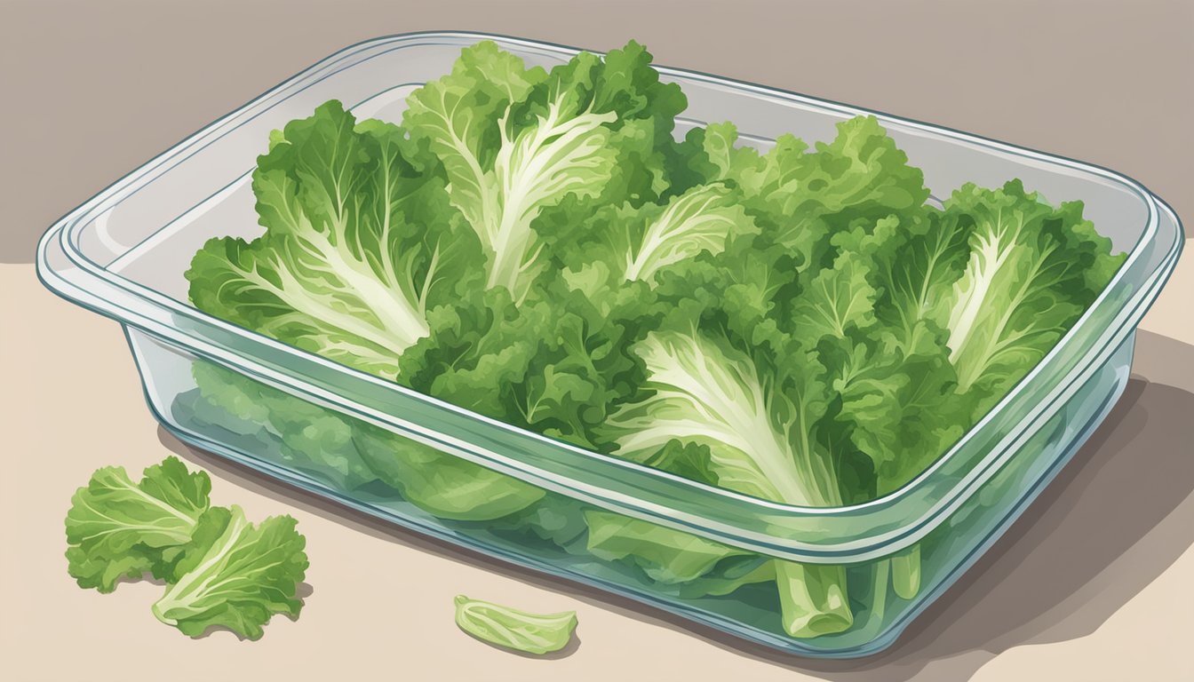 Fresh escarole being washed, chopped, and placed in airtight containers before being placed in the freezer