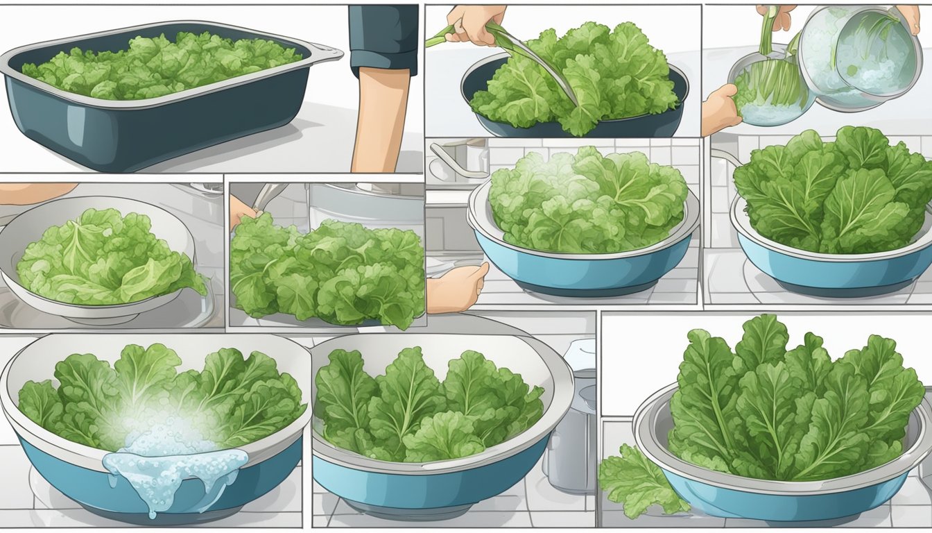 Fresh escarole leaves being washed, trimmed, and blanched in boiling water, then quickly cooled in an ice bath before being drained and packed for freezing