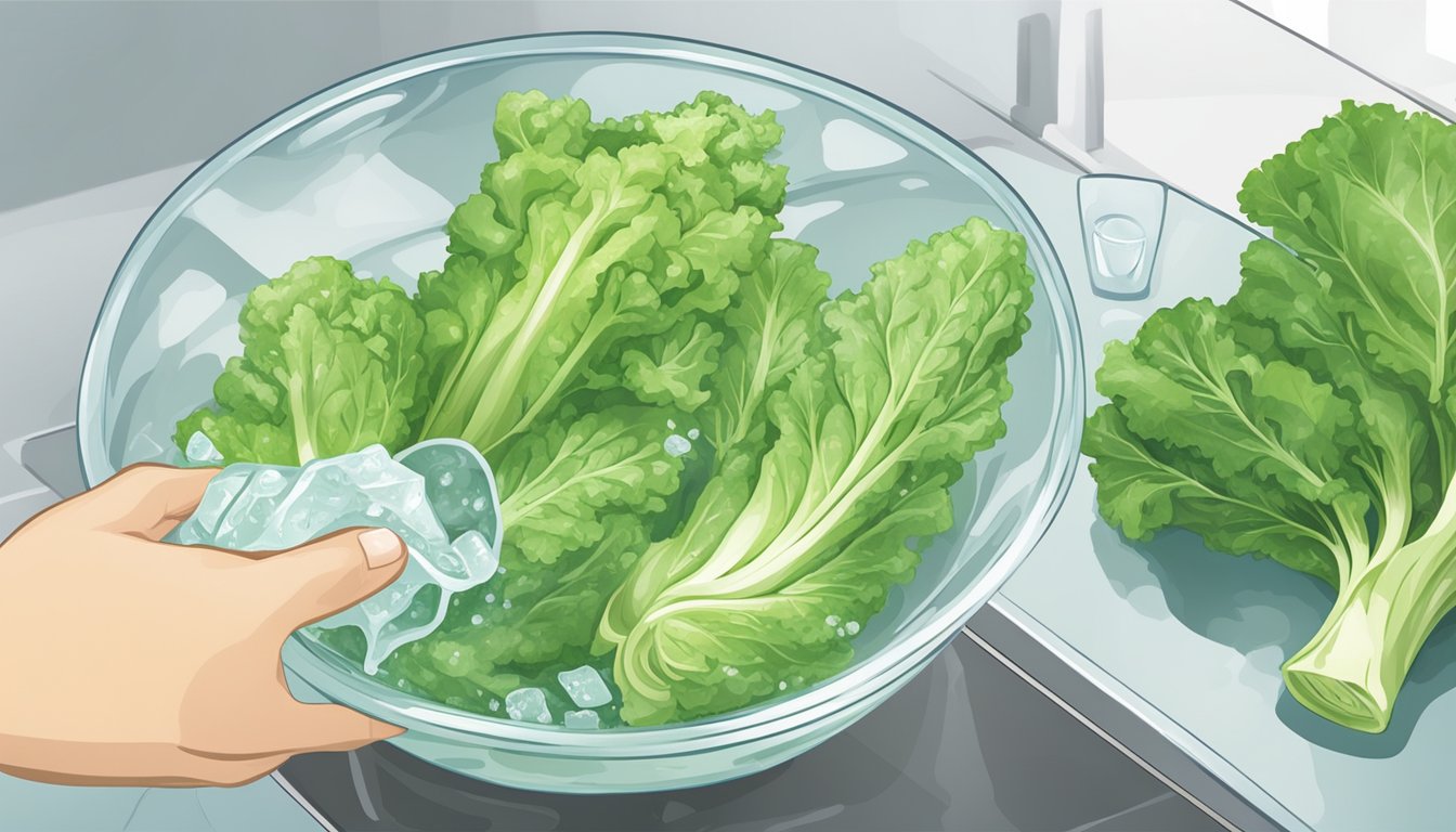 Fresh escarole being washed, blanched, and then placed in a bowl of ice water before being drained and packaged for freezing