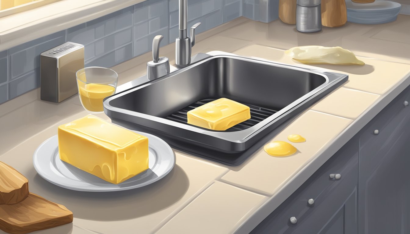 A stick of butter sits on a kitchen counter, surrounded by a few drops of melted butter. The room temperature is warm, indicating no need for refrigeration