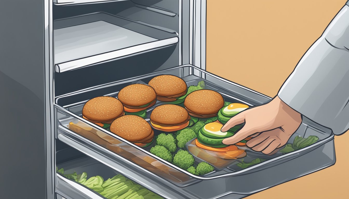 A hand placing a tray of freshly made veggie burgers into a freezer