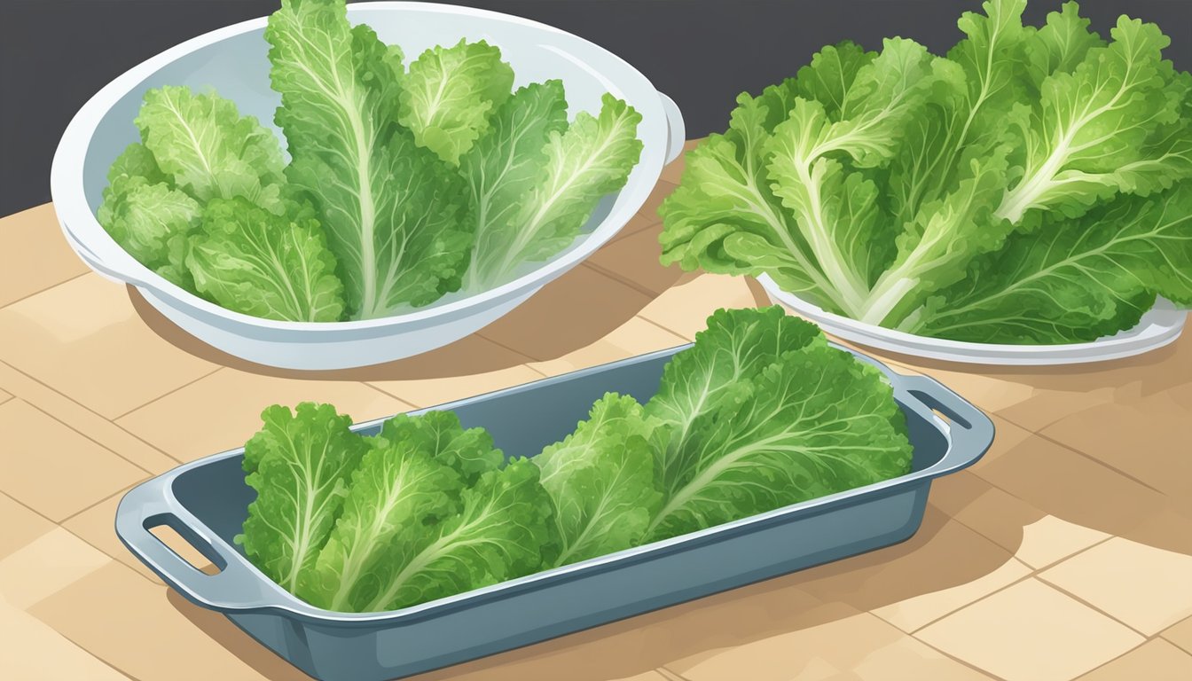 Fresh escarole leaves being carefully washed, blanched in boiling water, then quickly cooled in ice water before being drained and spread out on a tray for freezing