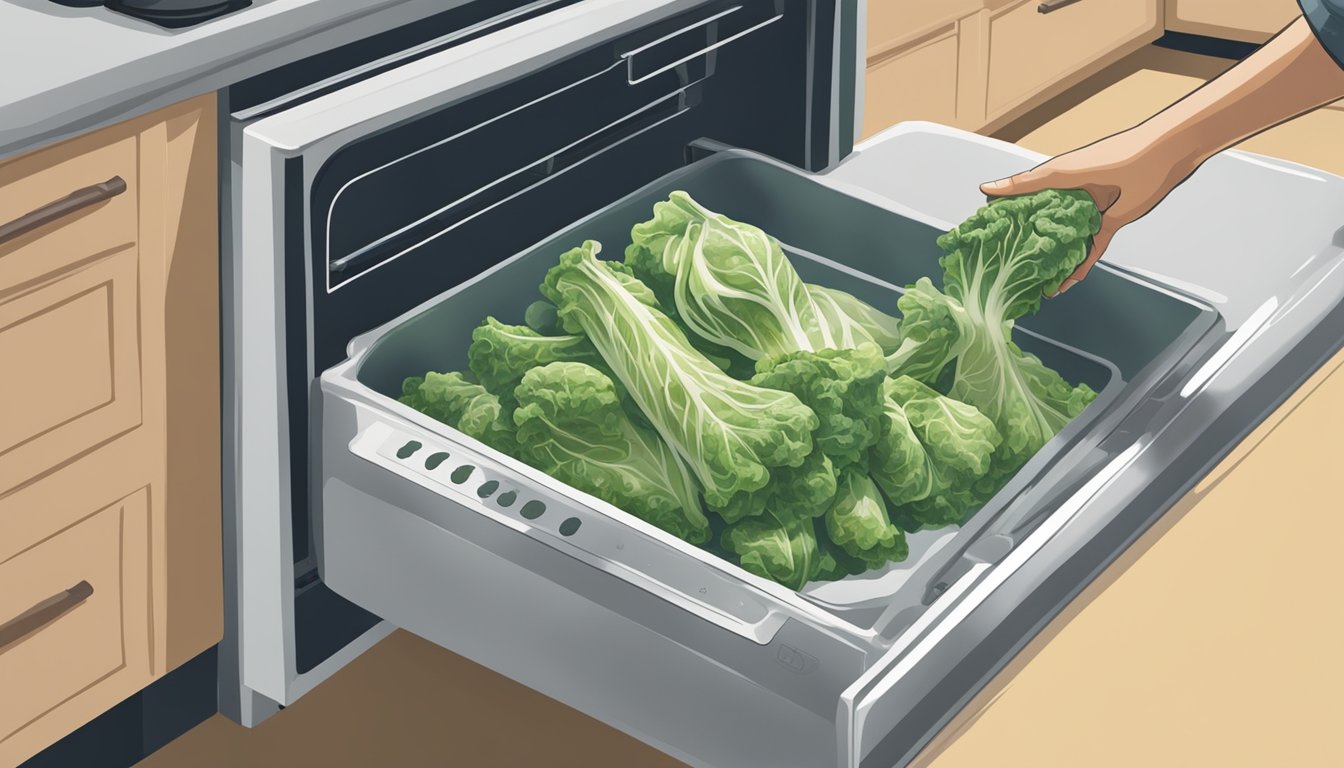 A hand reaching into a freezer, pulling out a bag of frozen escarole. A pot on the stove, steam rising as the escarole is added