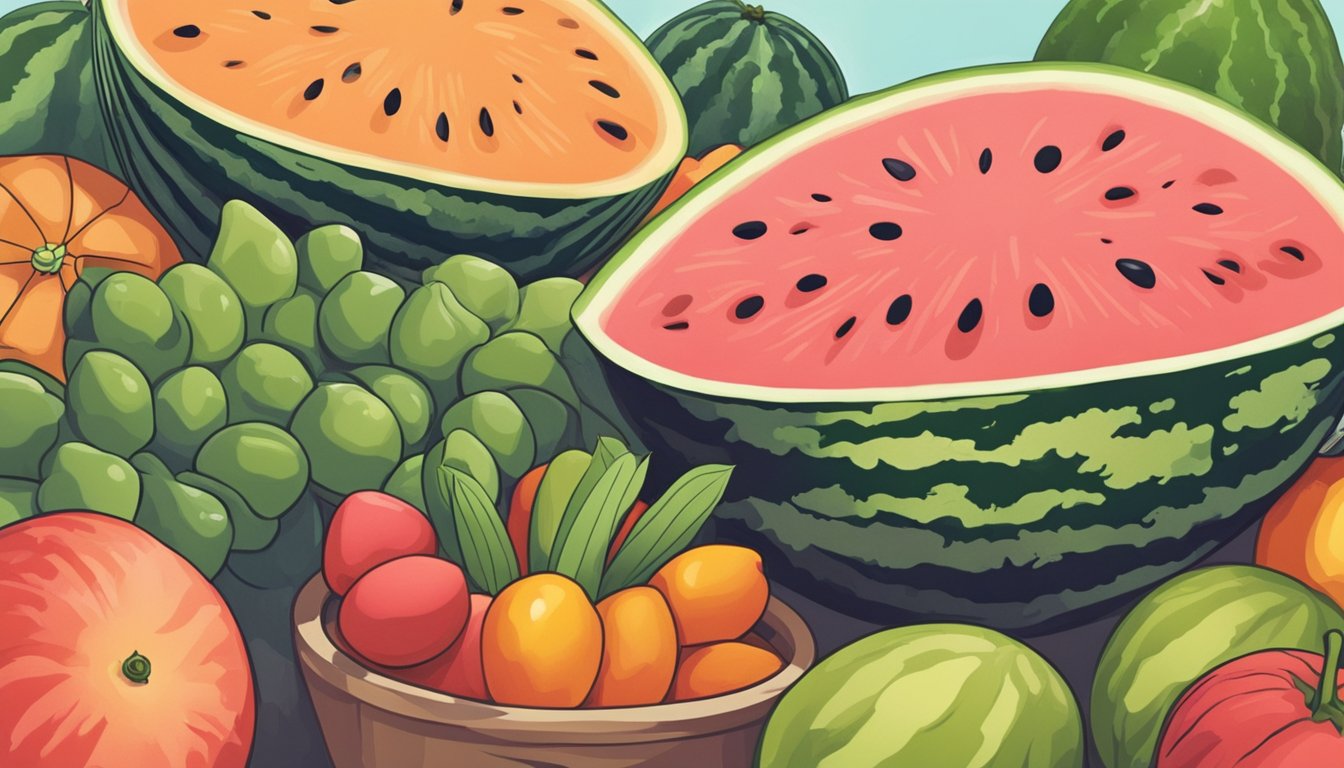 A hand reaching for a ripe watermelon in a grocery store, surrounded by other fruits and vegetables