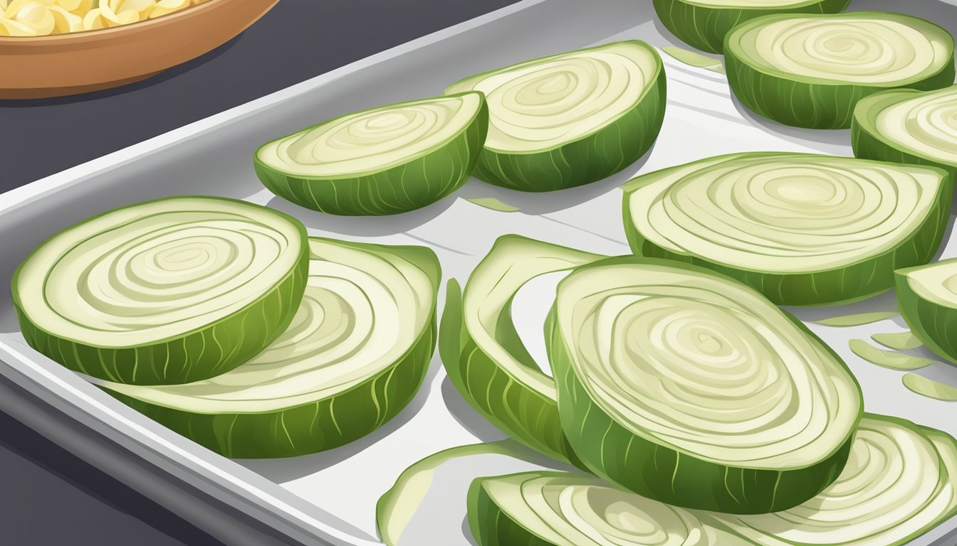 Sliced onions laid out on a baking sheet, coated in batter, ready to be frozen for crispy homemade onion rings