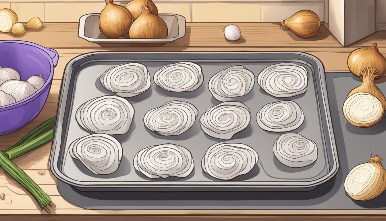 Sliced onions on a baking sheet, coated in batter, ready for freezing