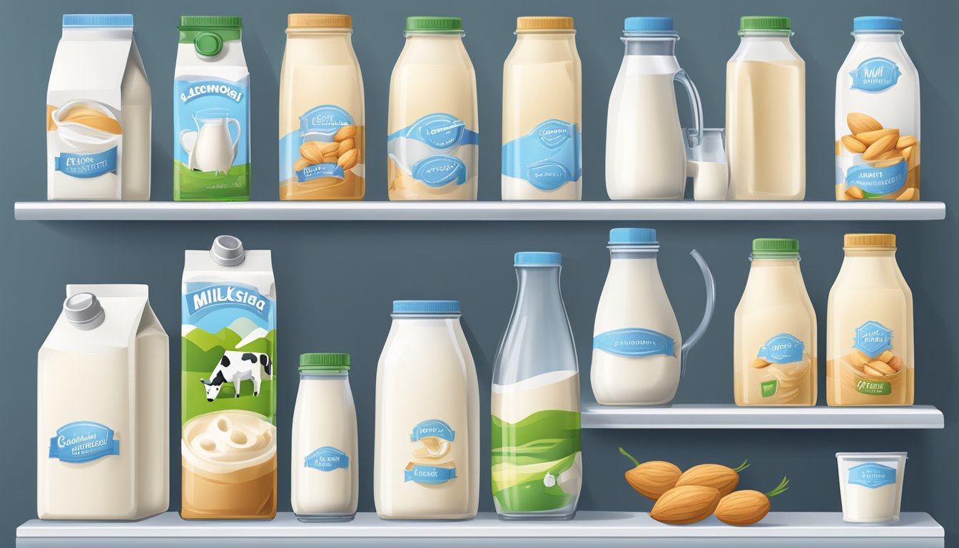 A variety of milk cartons and jugs, some labeled with different types of milk (cow, almond, soy, etc.), stored in a refrigerator