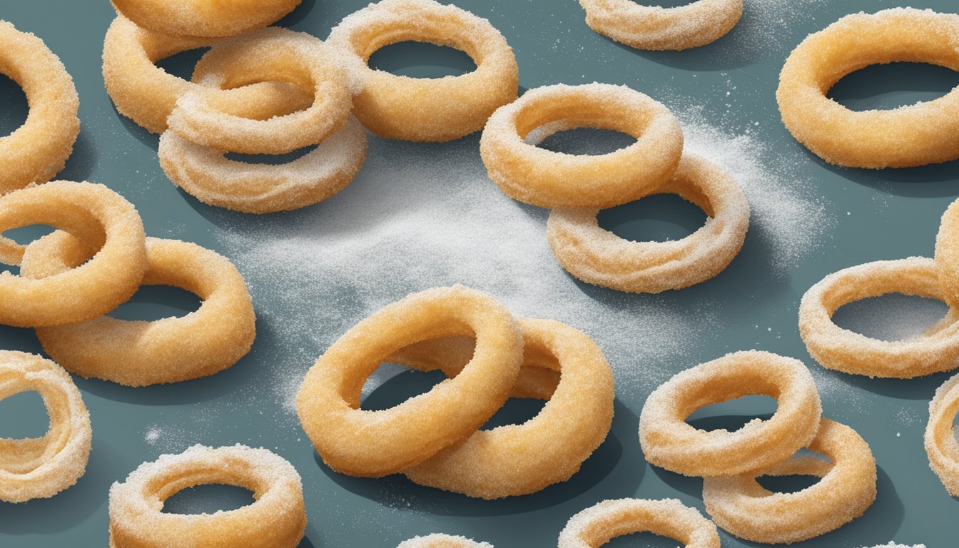 Homemade onion rings arranged on a baking sheet, covered in a light dusting of flour, and placed in the freezer