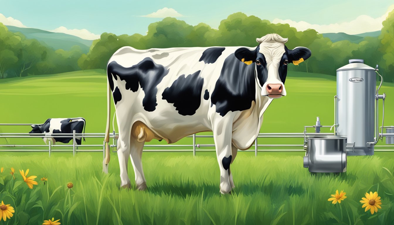 A dairy cow standing in a lush green pasture, with a stainless steel milk pasteurization machine in the background