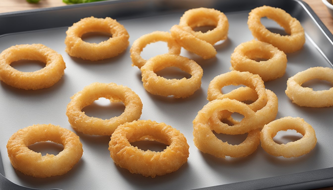 Homemade onion rings arranged on a baking sheet, covered in plastic wrap, then placed in the freezer