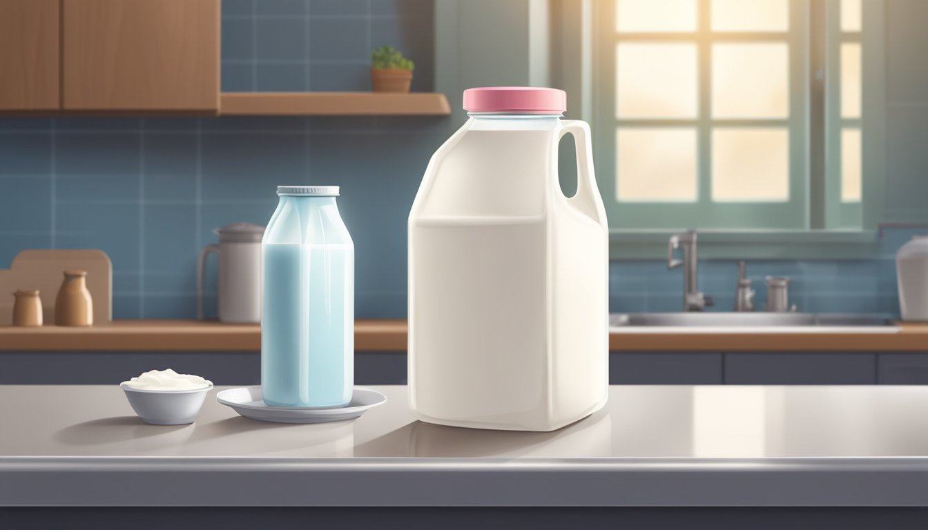 A carton of milk sits on a kitchen counter next to a refrigerator. The refrigerator door is slightly ajar, with a bright light shining from inside