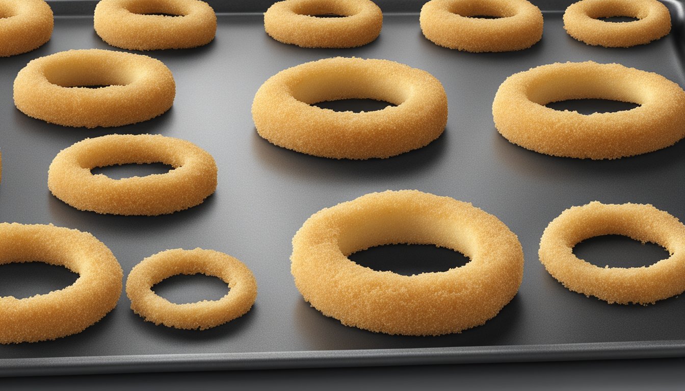 Homemade onion rings arranged on a baking sheet, covered in a light coating of breadcrumbs, ready to be placed in the freezer