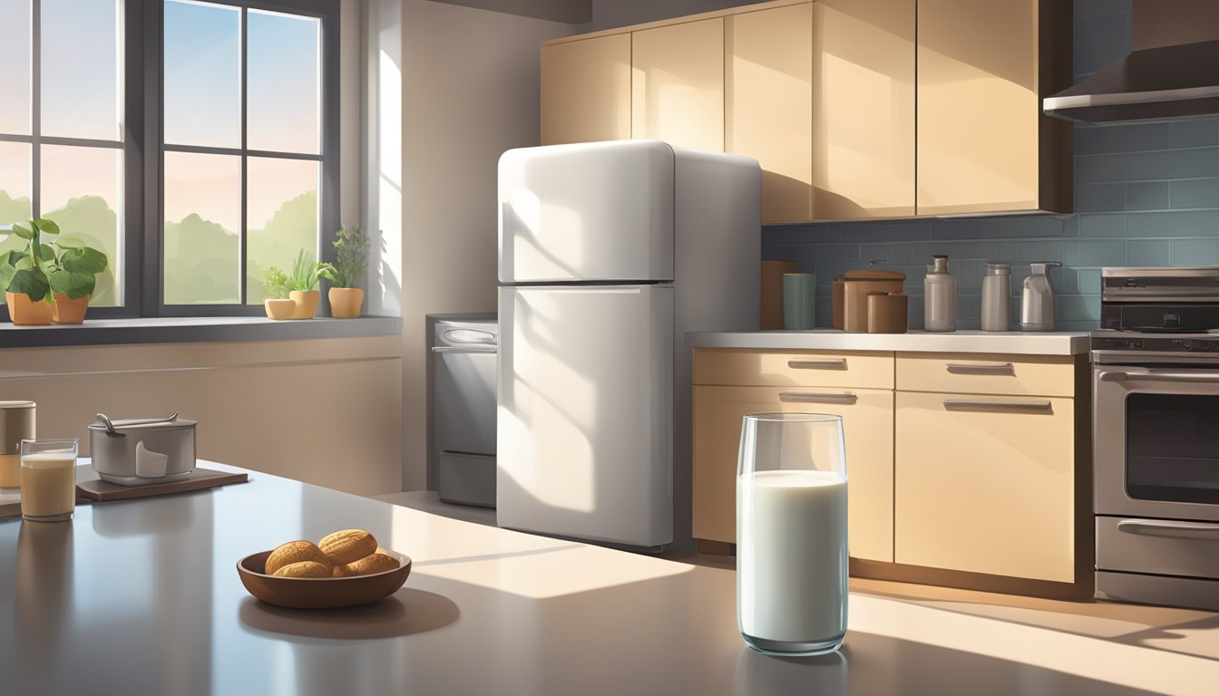 A glass of milk sits on a kitchen counter next to a refrigerator. The refrigerator door is slightly ajar, with a beam of light shining out