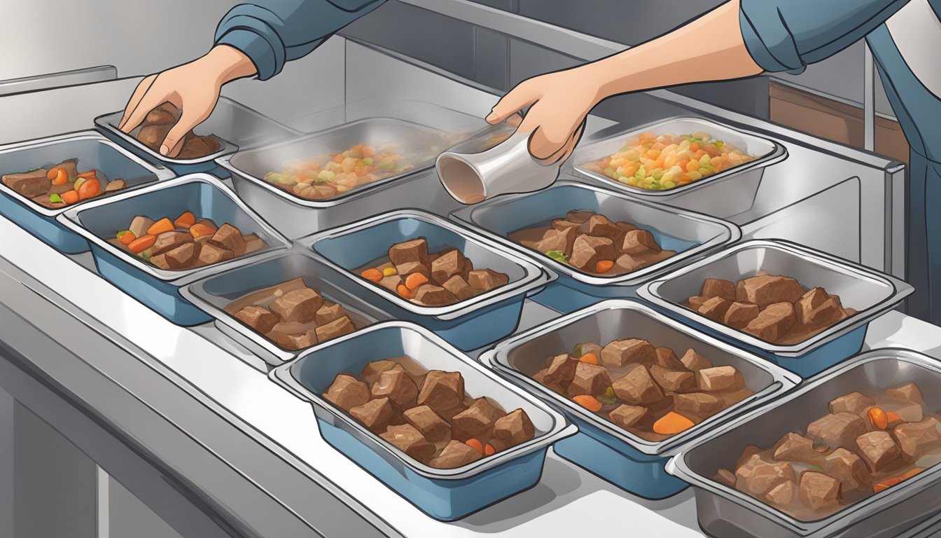 A person pouring cooked beef stew into airtight containers, sealing them, and placing them in the freezer