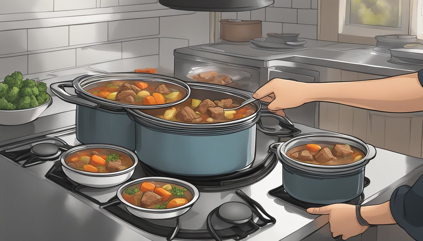 A pot of beef stew sits on a stovetop, steam rising. A person transfers the stew into freezer-safe containers, then places them in the freezer