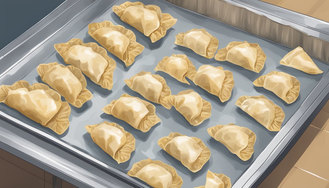 Homemade potstickers arranged on a baking sheet, covered in plastic wrap, and placed in the freezer