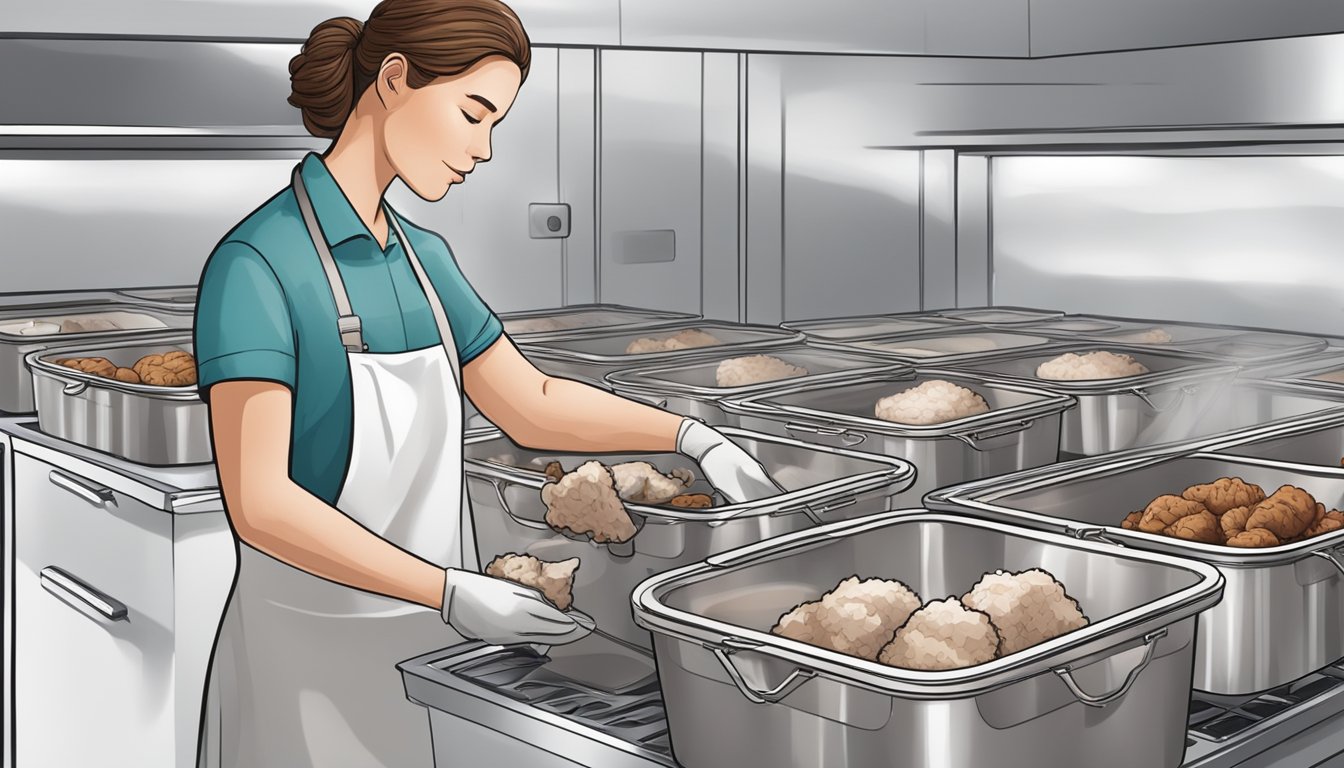 A person placing cooked lamb in airtight containers, labeling and dating them before placing in the freezer