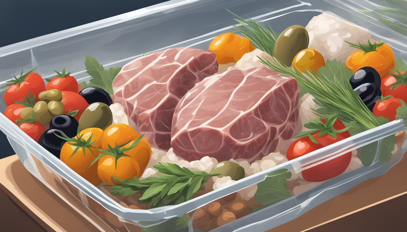 A lamb dish is being carefully wrapped in plastic wrap and placed in a freezer. Surrounding the dish are various Mediterranean ingredients like olives, tomatoes, and herbs