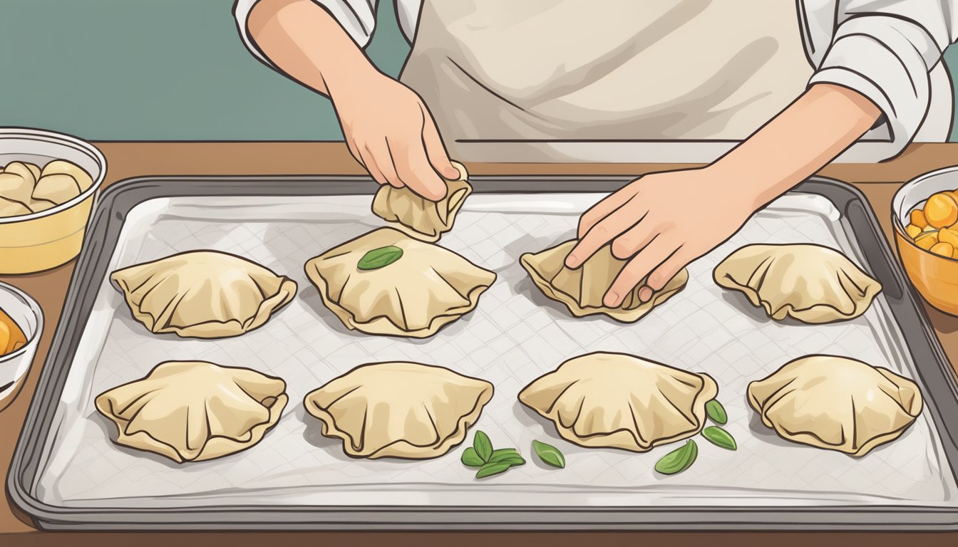 A hand placing homemade potstickers on a baking sheet lined with parchment paper, ready to be placed in the freezer