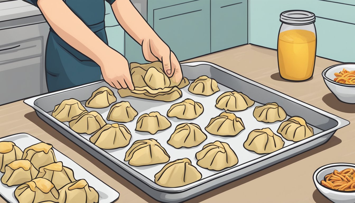 A hand placing homemade potstickers onto a baking sheet, then wrapping and placing the sheet into the freezer