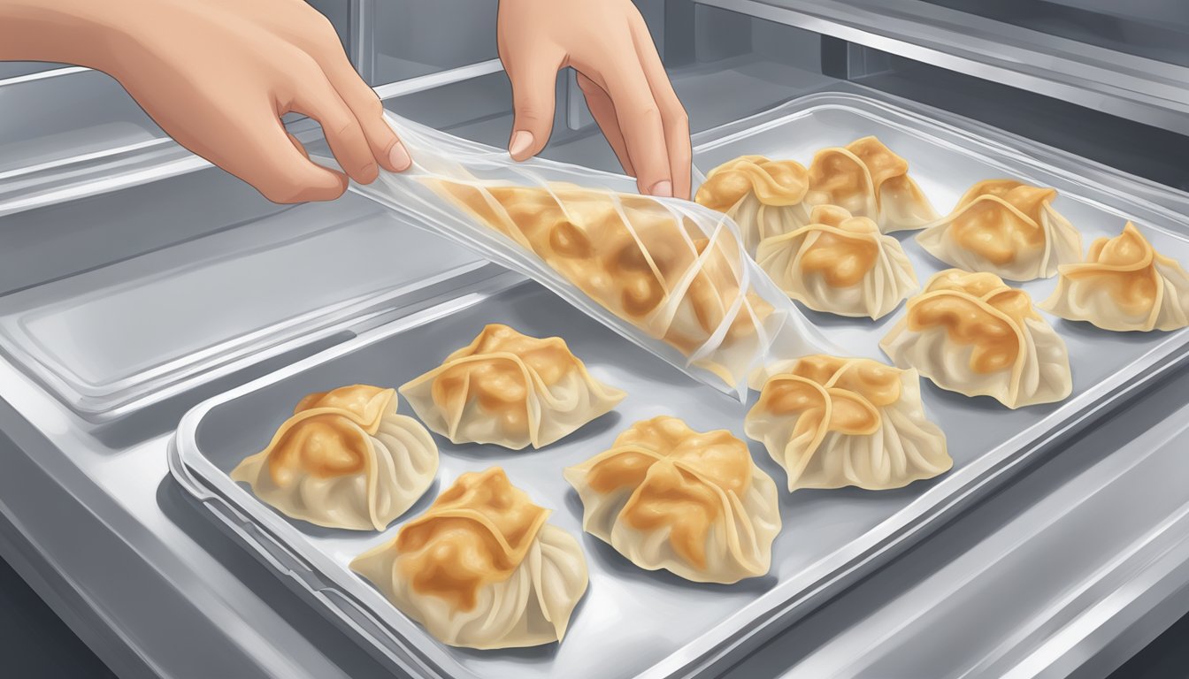 A plate of potstickers being placed into a freezer bag, sealed, and placed in the freezer