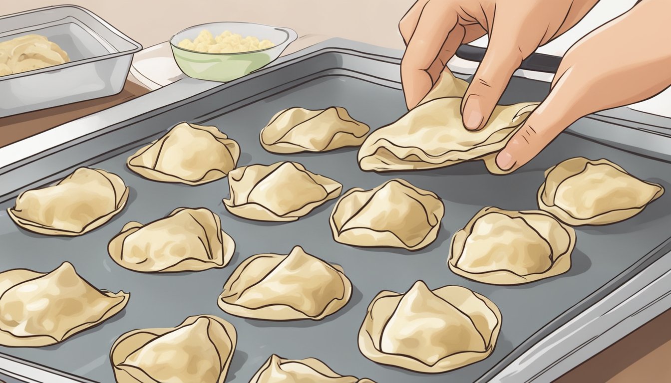 A hand placing homemade potstickers onto a baking sheet before placing them in the freezer