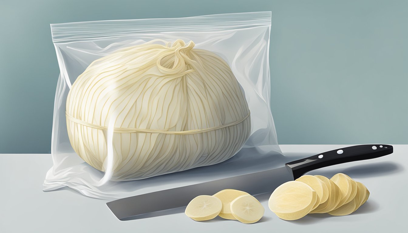 A jicama being sliced into thin strips and placed in a freezer bag