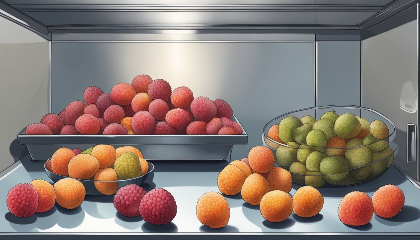 Fresh lychees arranged on a tray, some whole and some peeled, with a bowl of sugar nearby. A freezer door is open, showing other frozen fruits inside