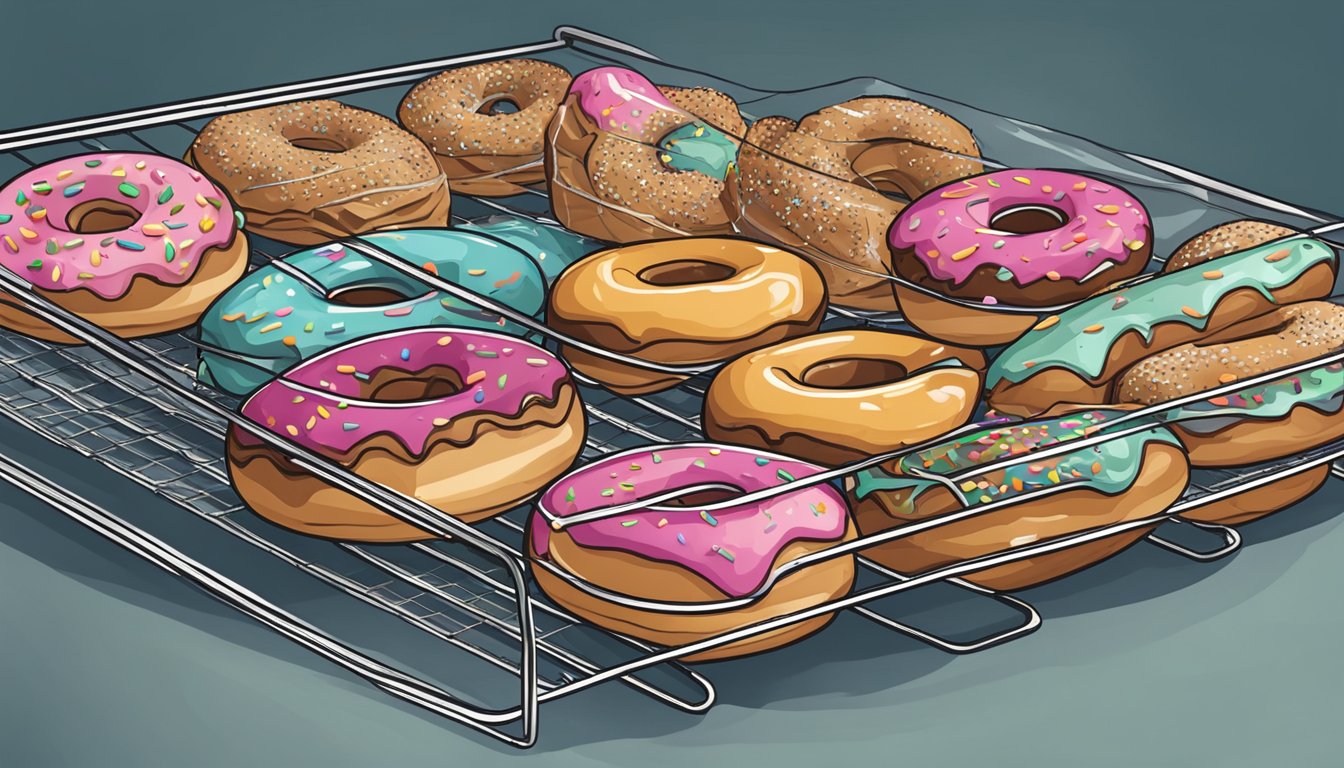 A variety of freshly baked doughnuts arranged on a cooling rack, with a few placed in a labeled freezer bag ready for storage