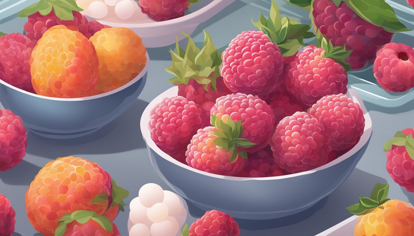 A bowl of fresh lychees being placed in a freezer next to other frozen fruits