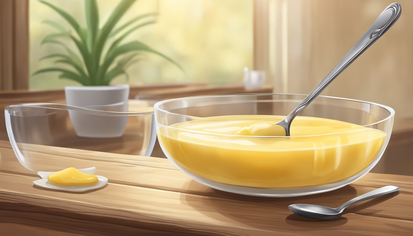 A glass bowl filled with freshly made custard sits on a wooden table next to a metal spoon. The custard is smooth and creamy, with a light yellow color