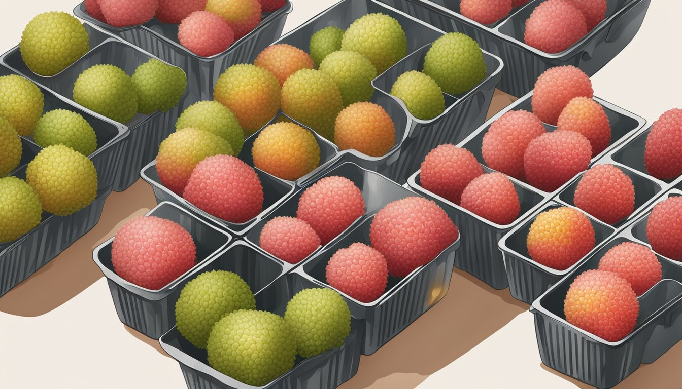 Fresh lychee being placed in airtight containers, then placed in the freezer