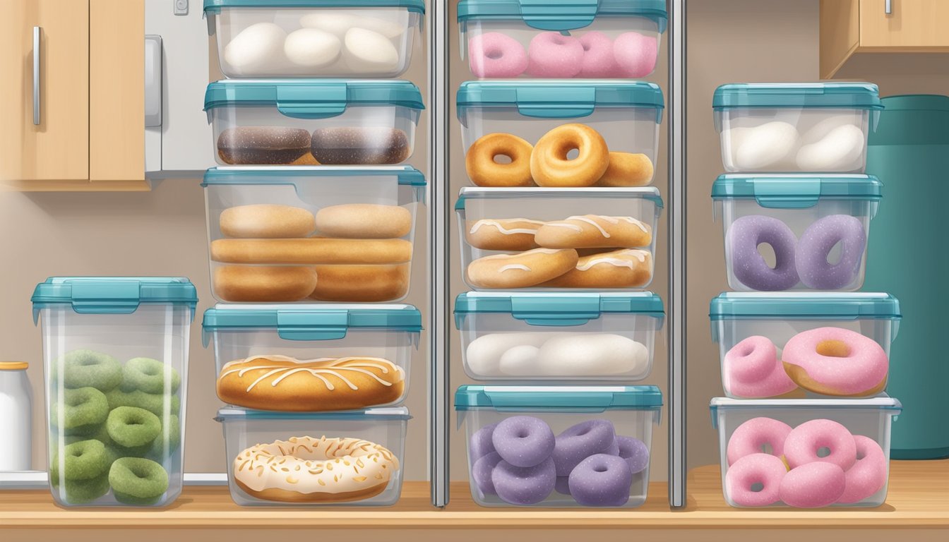 A variety of airtight, freezer-safe containers are displayed, with homemade doughnuts being carefully placed inside and sealed for freezing