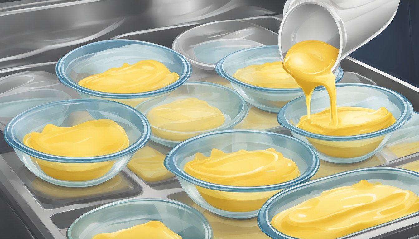 A glass bowl of homemade custard being poured into individual serving dishes, with a plastic wrap covering each dish before being placed in the freezer