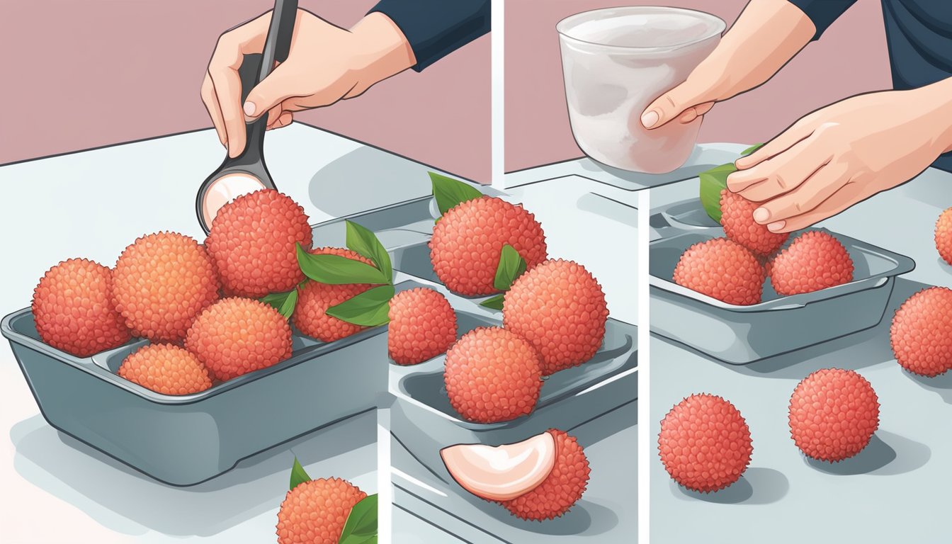 Fresh lychee being carefully placed on a baking sheet, then placed in the freezer. A bowl of lychee sorbet being scooped into a serving dish