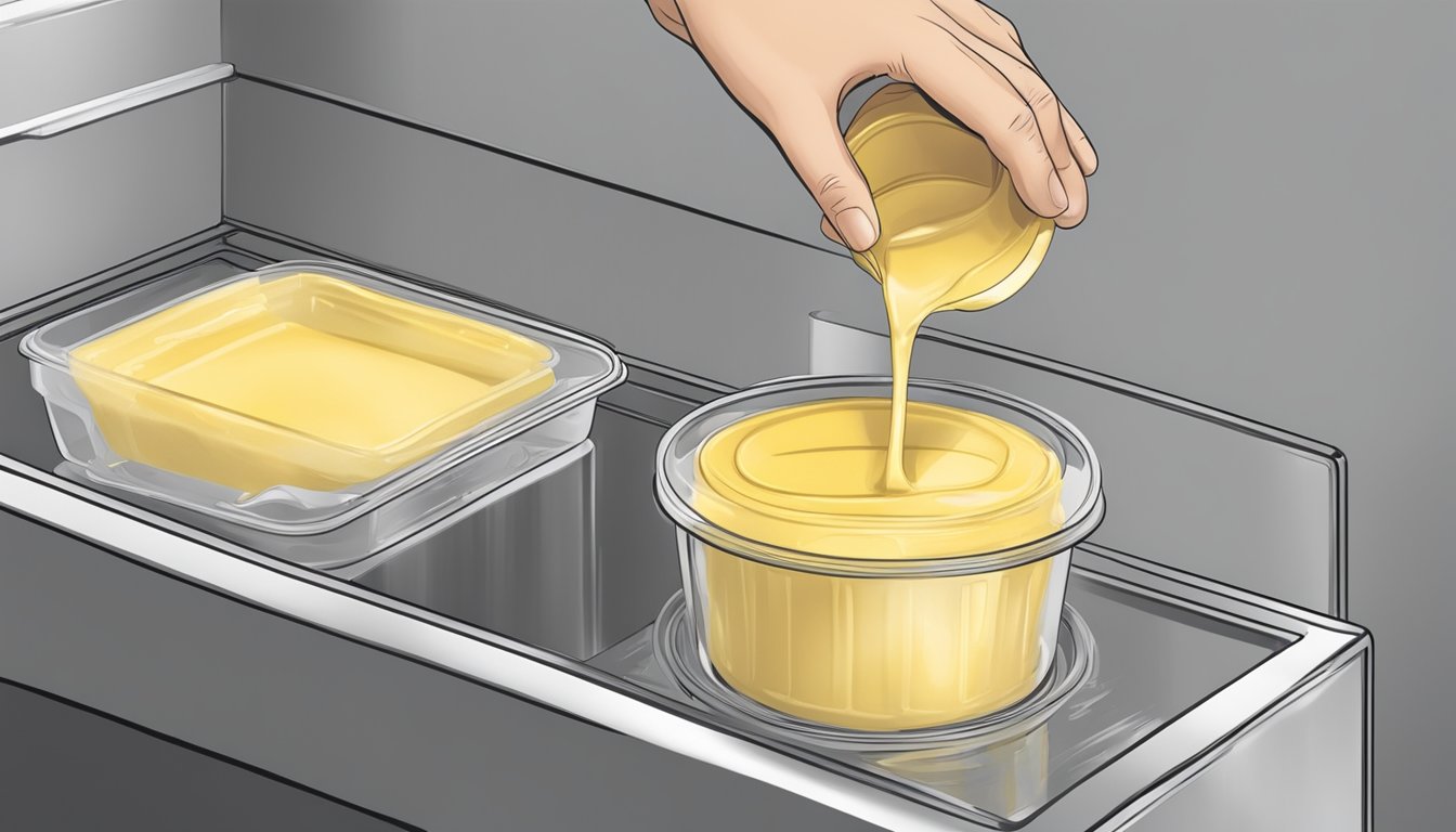 A hand pouring homemade custard into a freezer-safe container, placing a lid on top, and placing it in the freezer